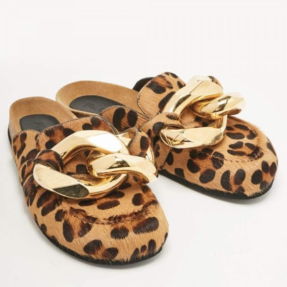 New JW Anderson Chain Embelished Leopard Print Calfhair Mules